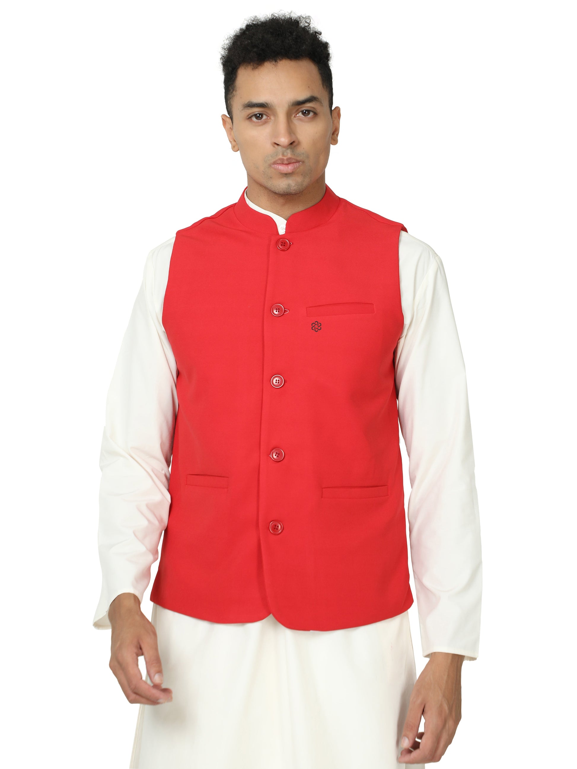 Front view of Men’s Solid Modi Coat in Arrow Red with Mandarin collar