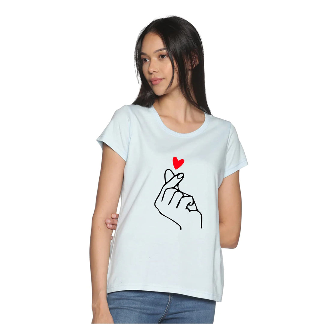 Women's Cotton Round Neck TShirt - Heart - Whispy Blue