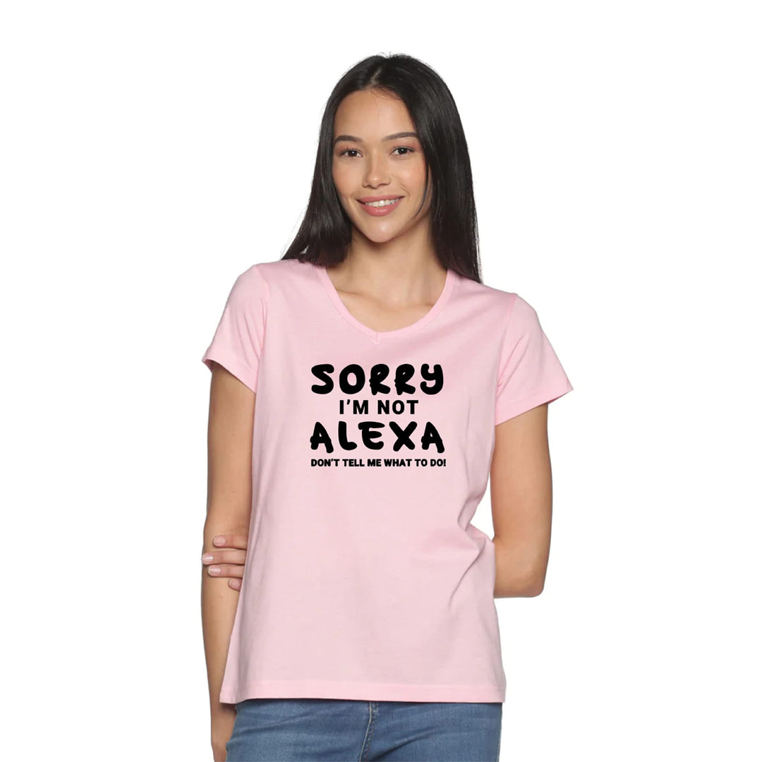 Women's Cotton V Neck TShirt with Chest Print - Alexa - Candy Pink