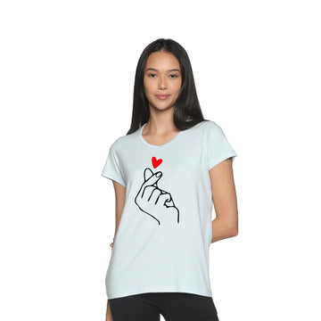 Women's Cotton V Neck TShirt - Heart - Whispy Blue