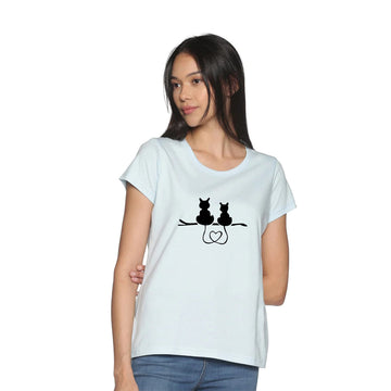 Women's Cotton Round Neck TShirt - Cat - Whispy Blue
