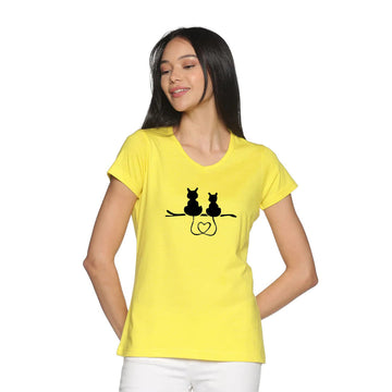 Women's Cotton V Neck TShirt with Chest Print - Cat - Sphagetti Squash