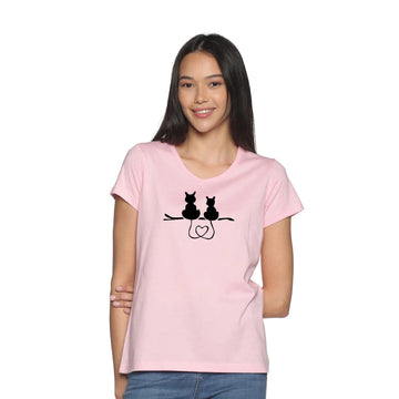 Candy Pink Cat Print - Women's V neck TShirt