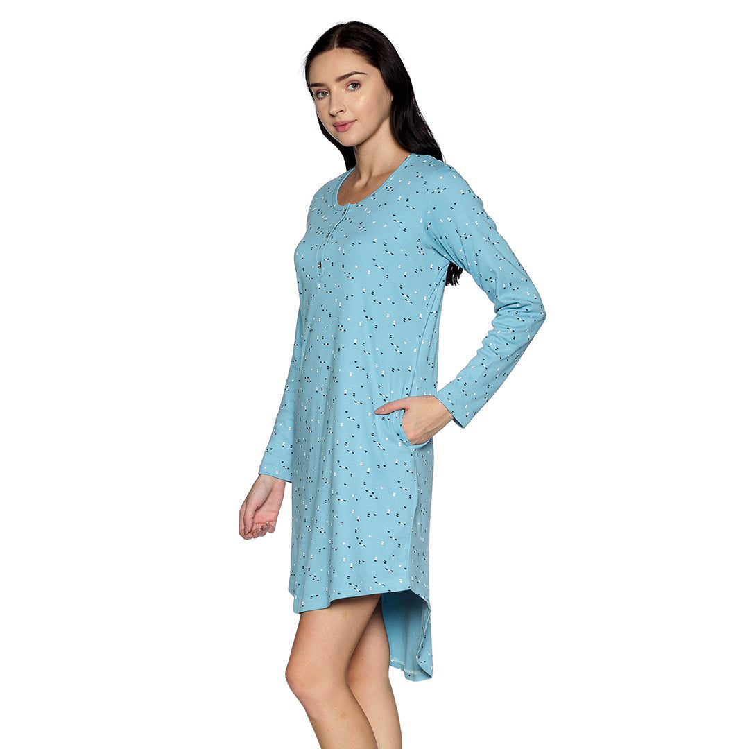 Sky Blue Printed - Trendy Short Night Dress