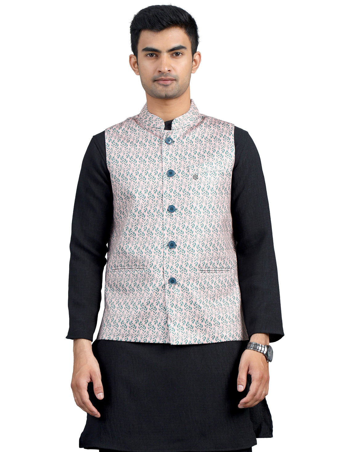 Front view of Men’s Printed Modi Coat in Brown Leaf with Mandarin collar