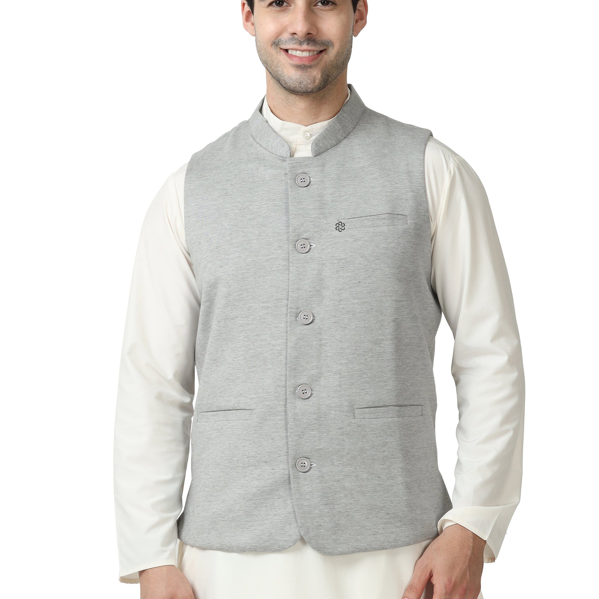Front view of Men’s Sustainable Cotton Modi Coat in Steel Grey with Mandarin collar
