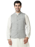 Front view of Men’s Sustainable Cotton Modi Coat in Steel Grey with Mandarin collar
