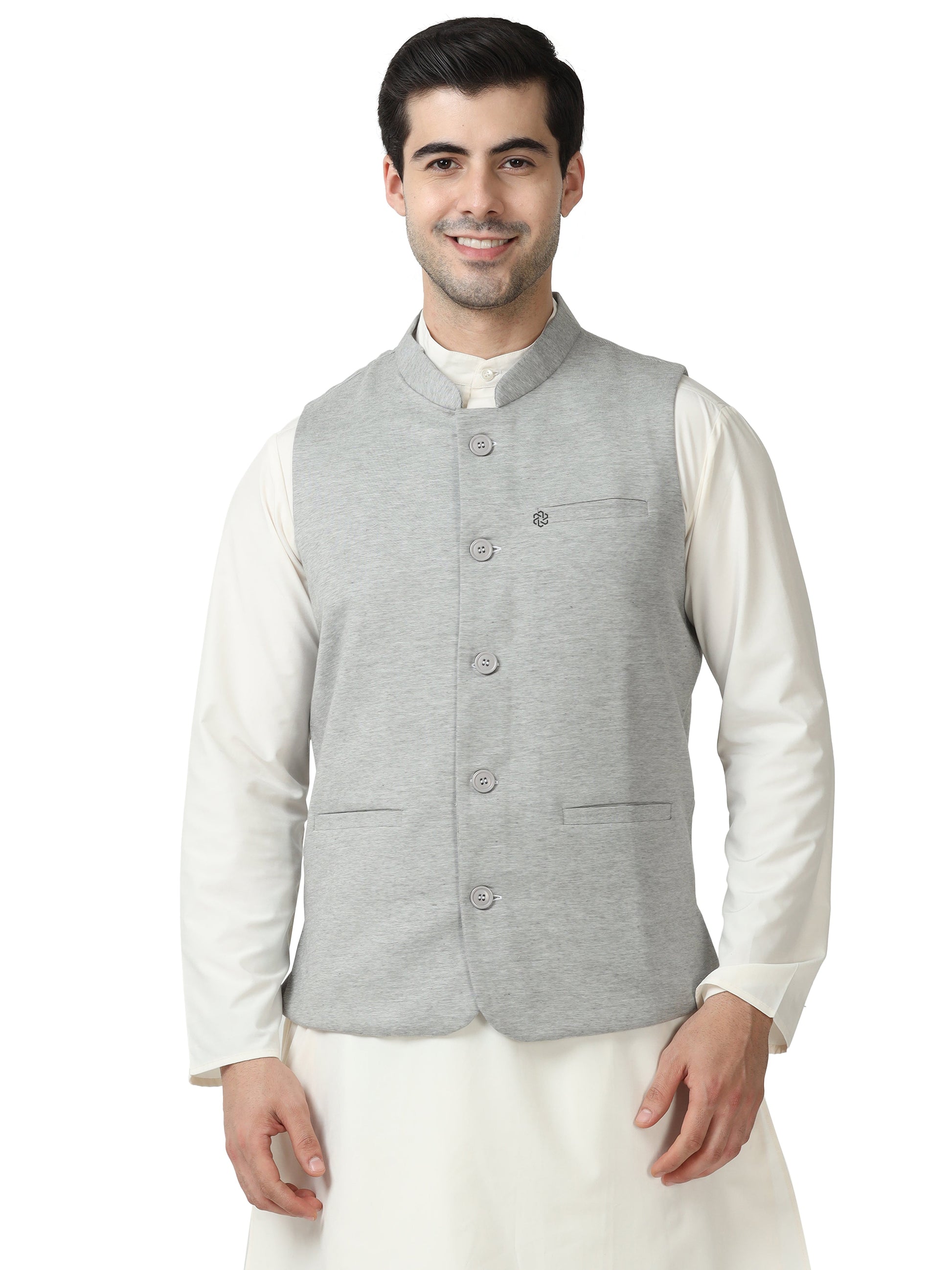 Front view of Men’s Sustainable Cotton Modi Coat in Steel Grey with Mandarin collar
