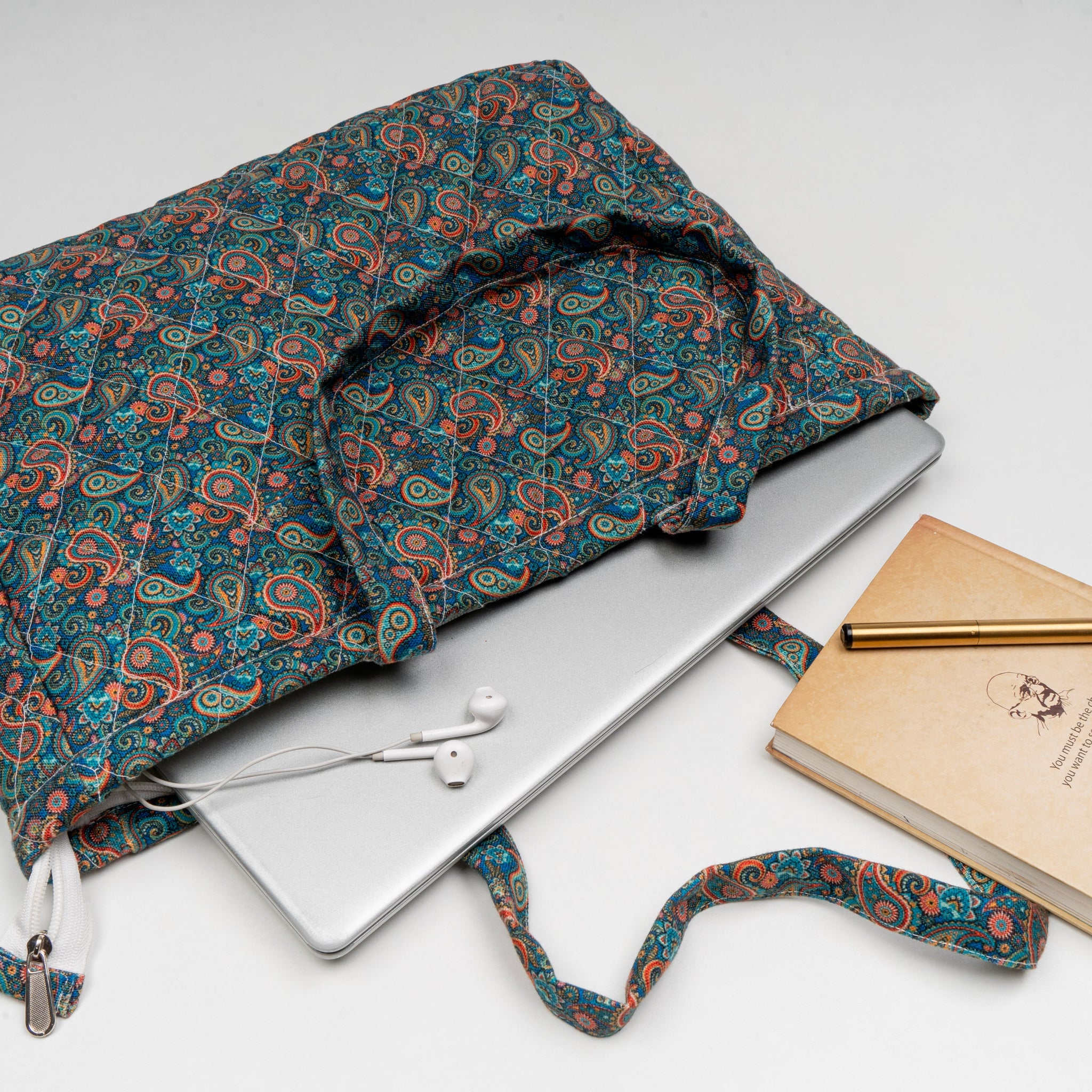 Women's Printed Laptop Bag - Peacock Green With Orange