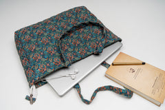 Women's Printed Laptop Bag - Peacock Green With Orange