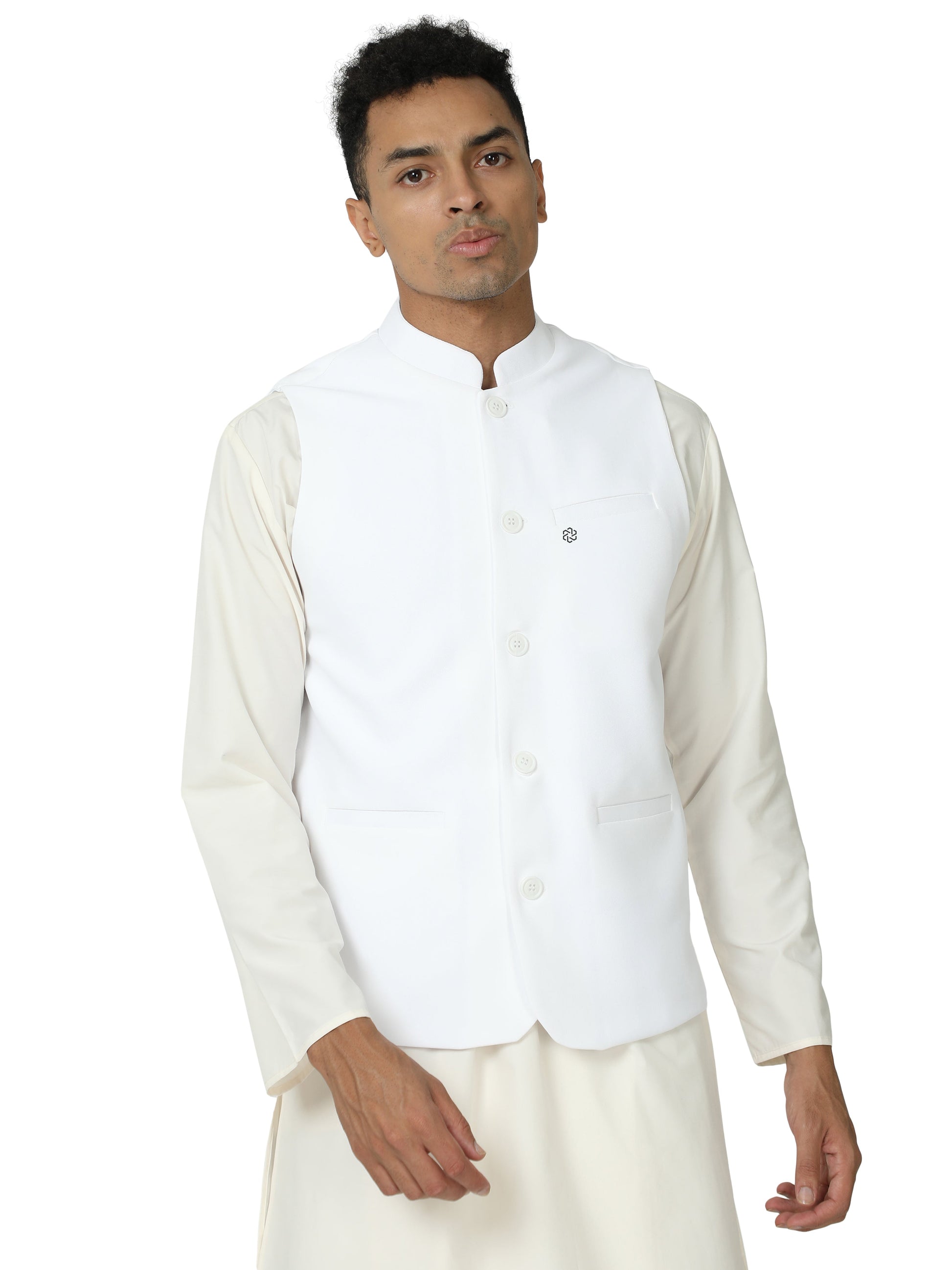 Front view of Men’s Solid Modi Coat in White with Mandarin collar