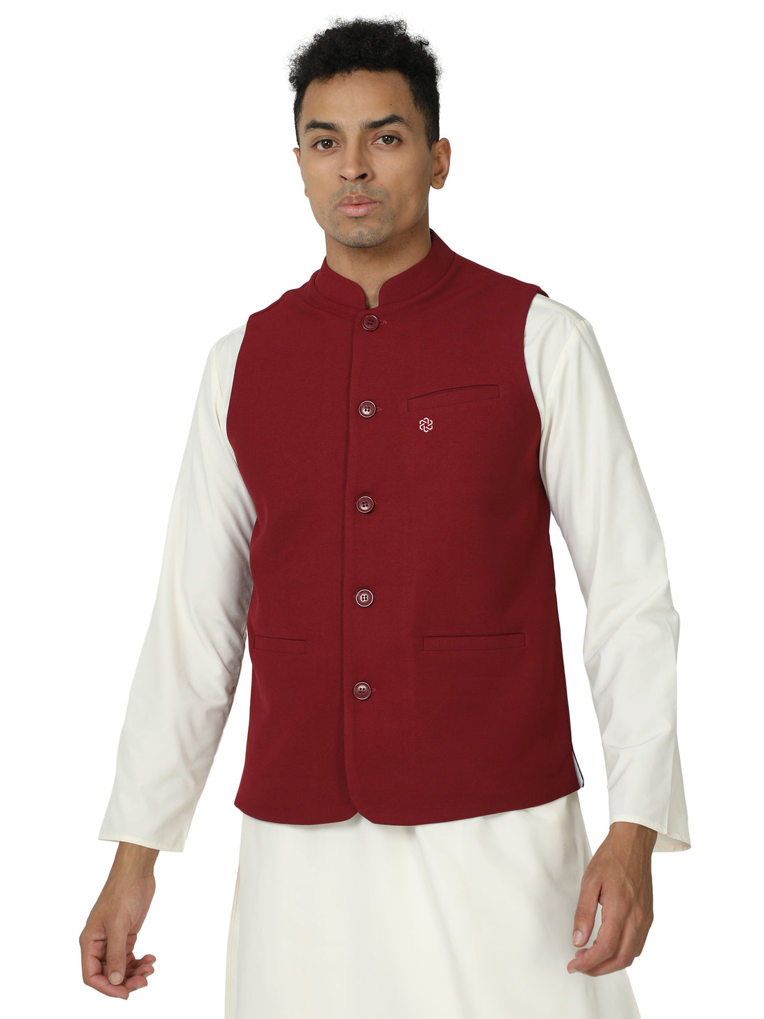 Front view of Men’s Solid Modi Coat in Redwine with Mandarin collar