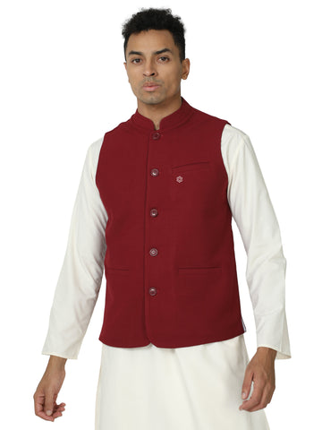 Front view of Men’s Solid Modi Coat in Redwine with Mandarin collar