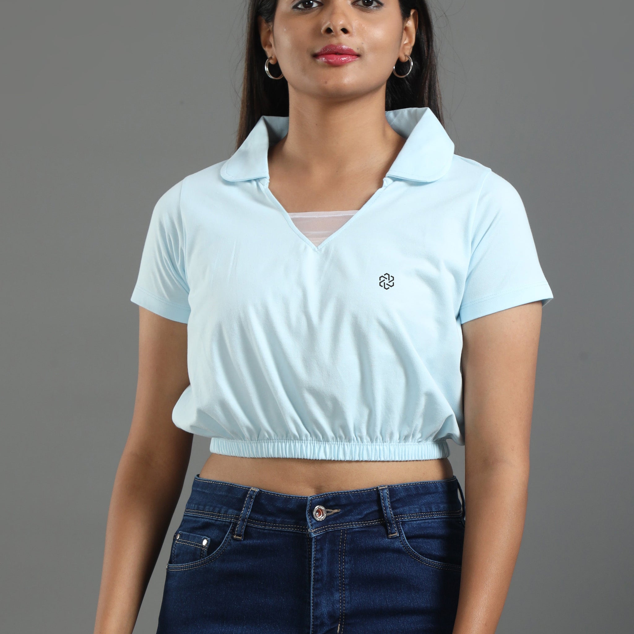 Women's Recycled Cotton Cropped Half Sleeve Polo T Shirt - Whispy Blue