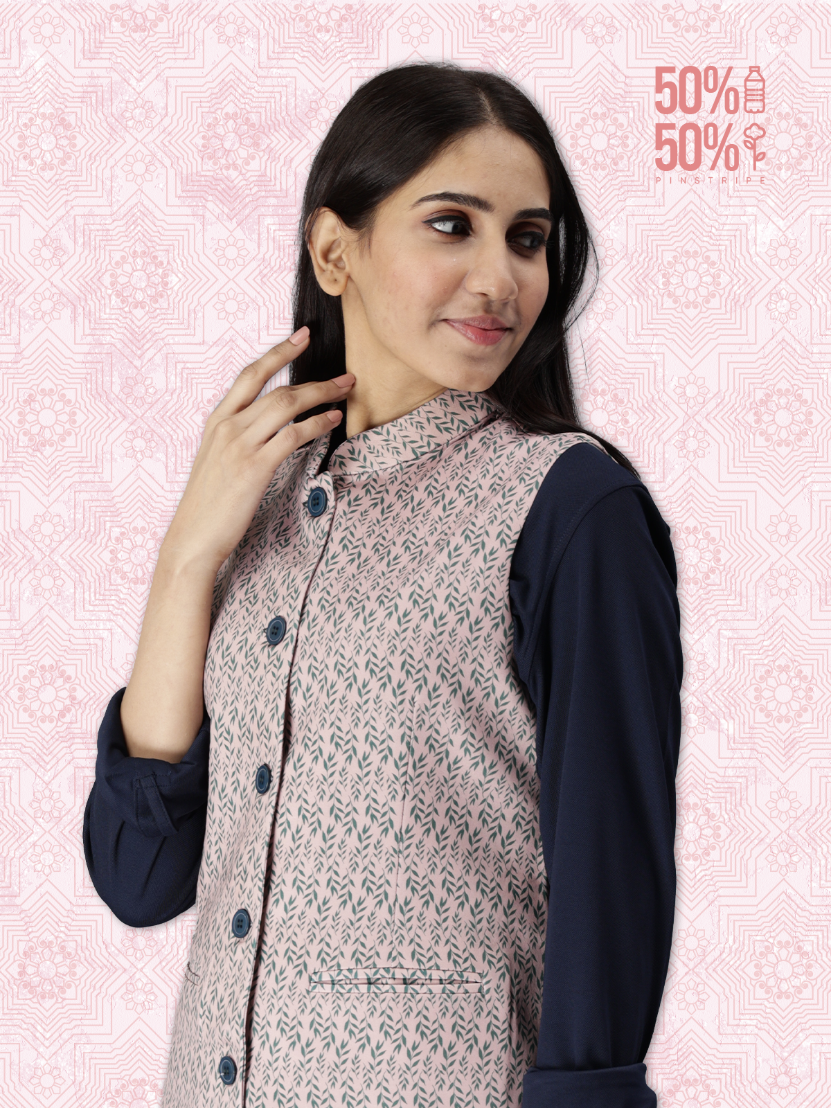 Printed Women’s rPET Nehru Jacket – Brown