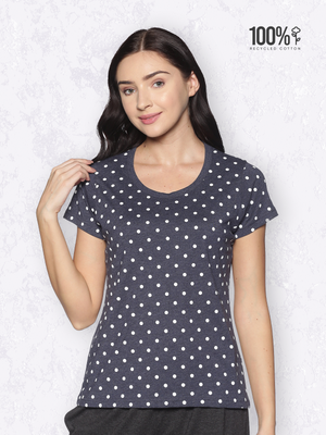 Women's Cotton Polka Dots Printed Round Neck T Shirt