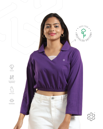Women's Recycled Cotton Cropped Full Sleeve Polo T Shirt - Violet