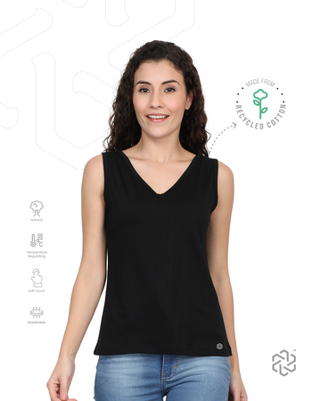 Women's Recycled Cotton Dual Neck Tank Top - Black