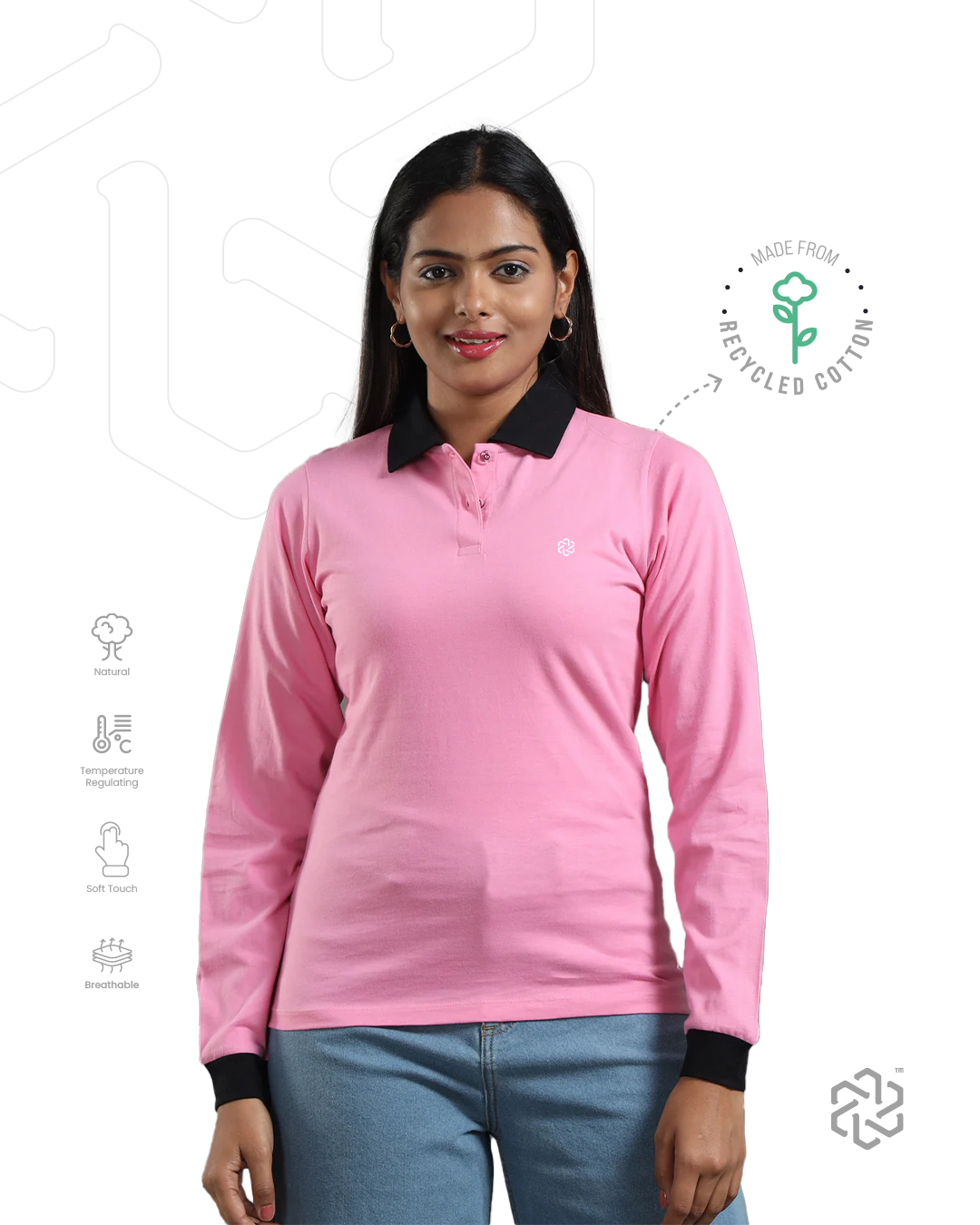 Women's Recycled Cotton Full Sleeve Polo T Shirt - Shell Pink