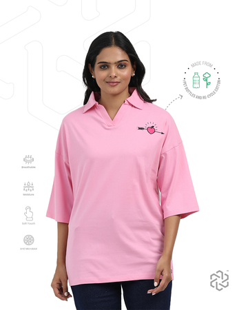 Women's rPET & Recycled Cotton Printed Collared T Shirt - Pink