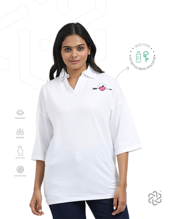 Women's rPET & Recycled Cotton Printed Collared T Shirt - White