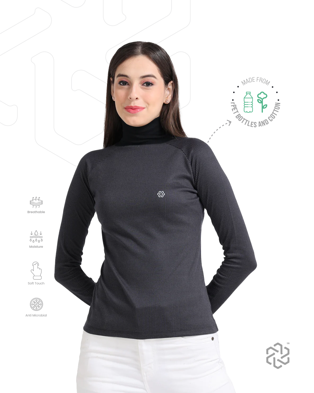 تي شيرت نسائي بأكمام كاملة ورقبة عالية من مادة البولي إيثيلين تيرفثالات المعاد تدويرها