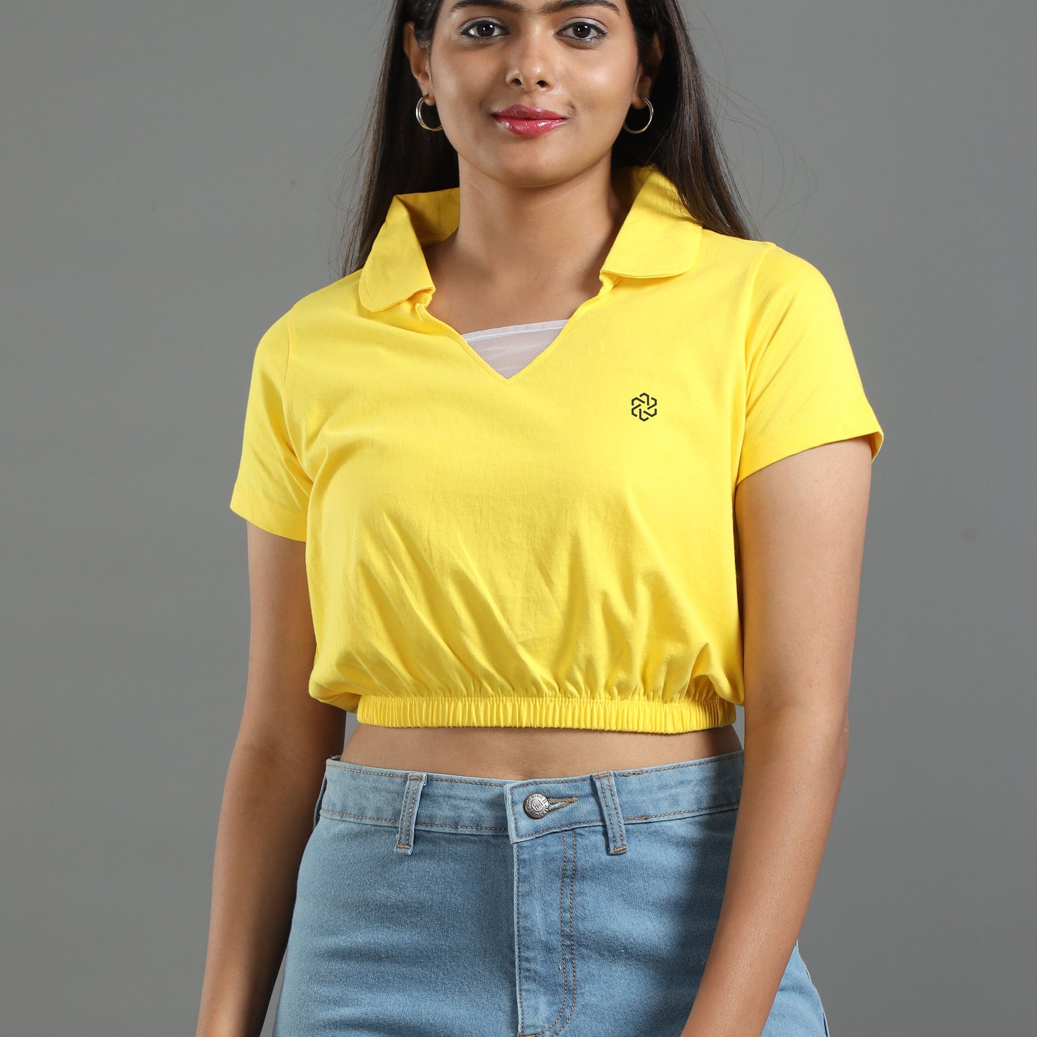 Women's Recycled Cotton Cropped Half Sleeve Polo T Shirt - Canary Yellow
