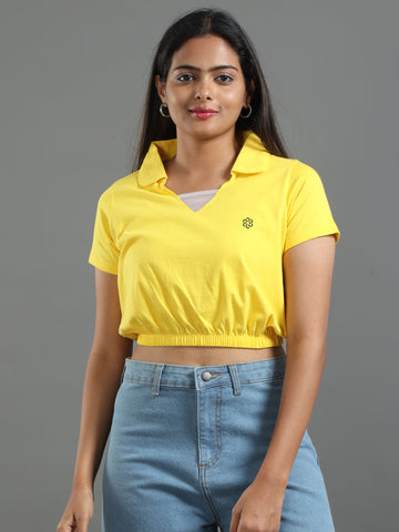 Women's Recycled Cotton Cropped Half Sleeve Polo T Shirt - Canary Yellow