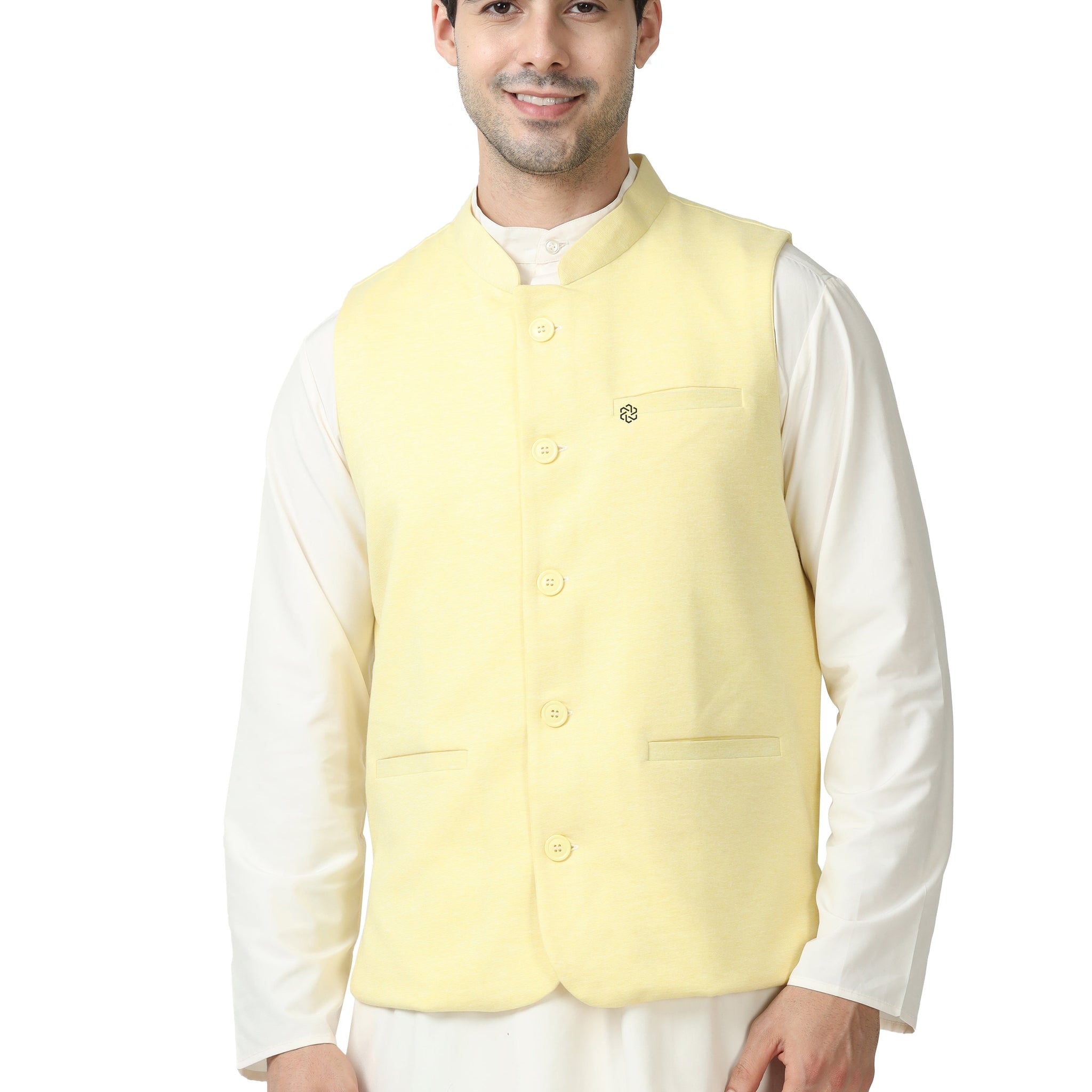 Front view of Men’s Sustainable Cotton Modi Coat in Lemon with Mandarin collar
