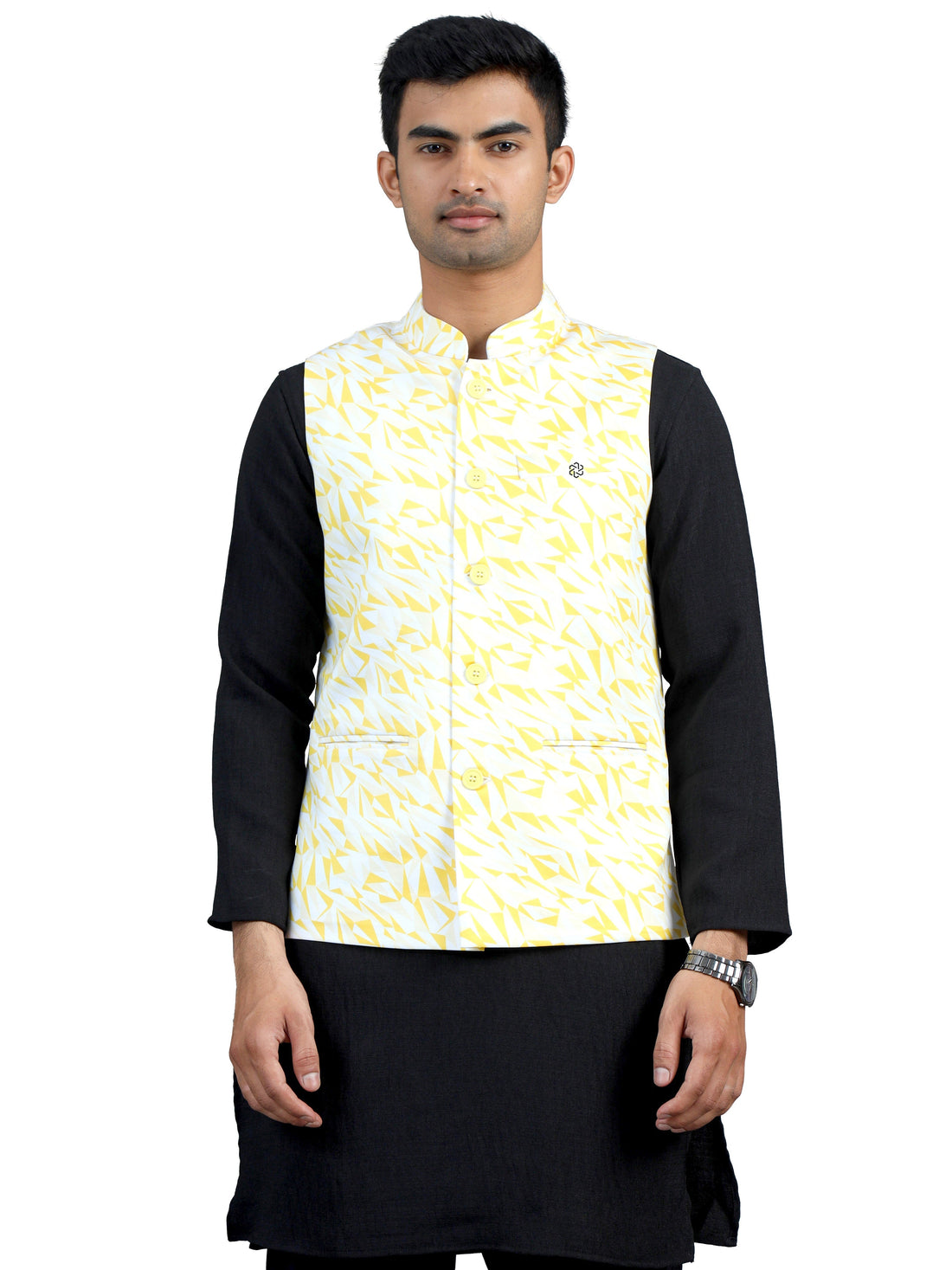 Front view of Men’s Printed Modi Coat in Jacquard Yellow with Mandarin collar